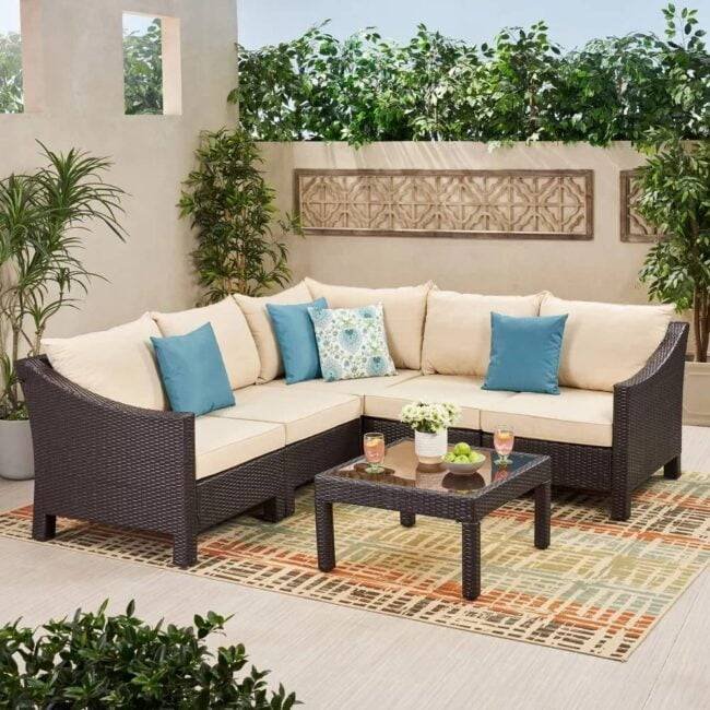 DEVOKO 3PCS L-Shape Rattan Sofa Set with Cushions and Table (Dark Brown & Cream)