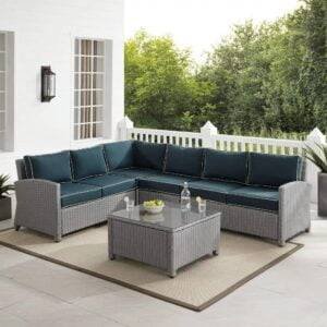 DEVOKO 3PCS Outdoor L-Shaped Rattan Sofa Set with Cushions and Table (Silver & Navy Blue)