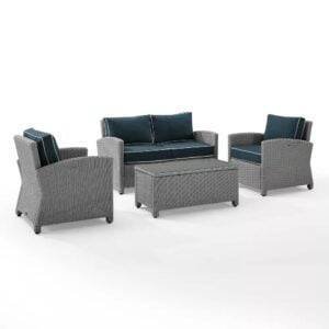 DEVOKO 4PCS Patio Wicker Furniture Set with Silver Grey Rattan Chairs and Navy Blue Cushions