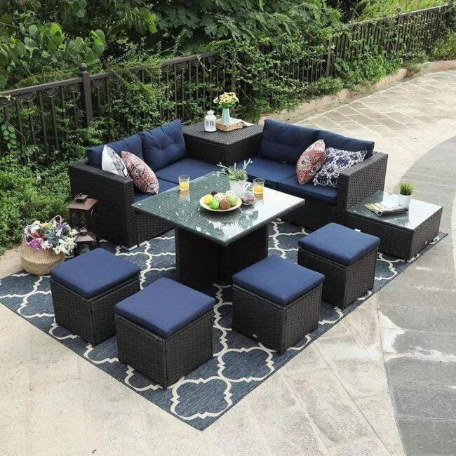 DEVOKO 9-Pcs Waterproof Wicker Sectional Sofa Set (Black & Navy Blue)
