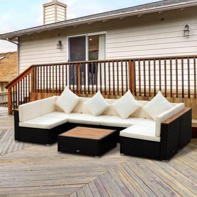 DEVOKO 6-Seater Outdoor Wicker Sectional Sofa Set (Black/Cream)