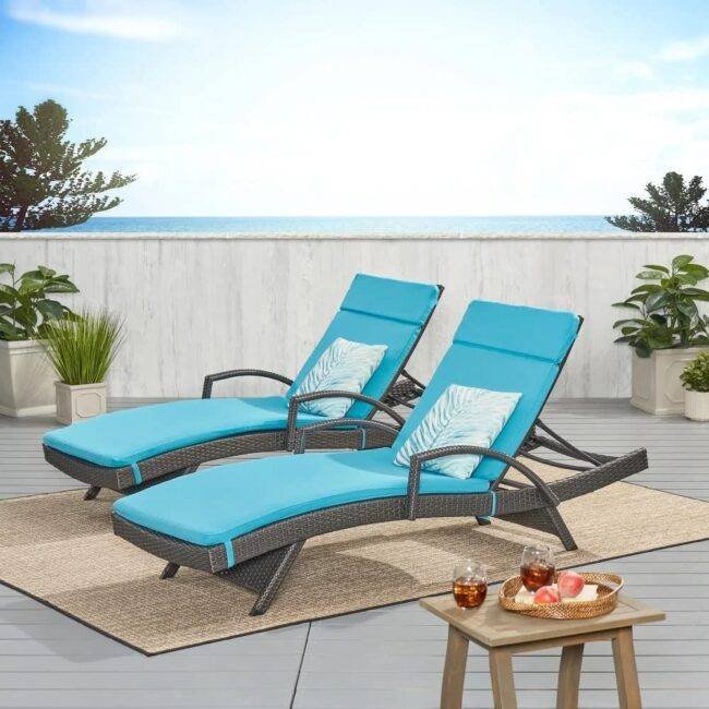 Devoko Rattan Sun Lounger Set - 2 Chairs, Dark Brown & Sky-blue