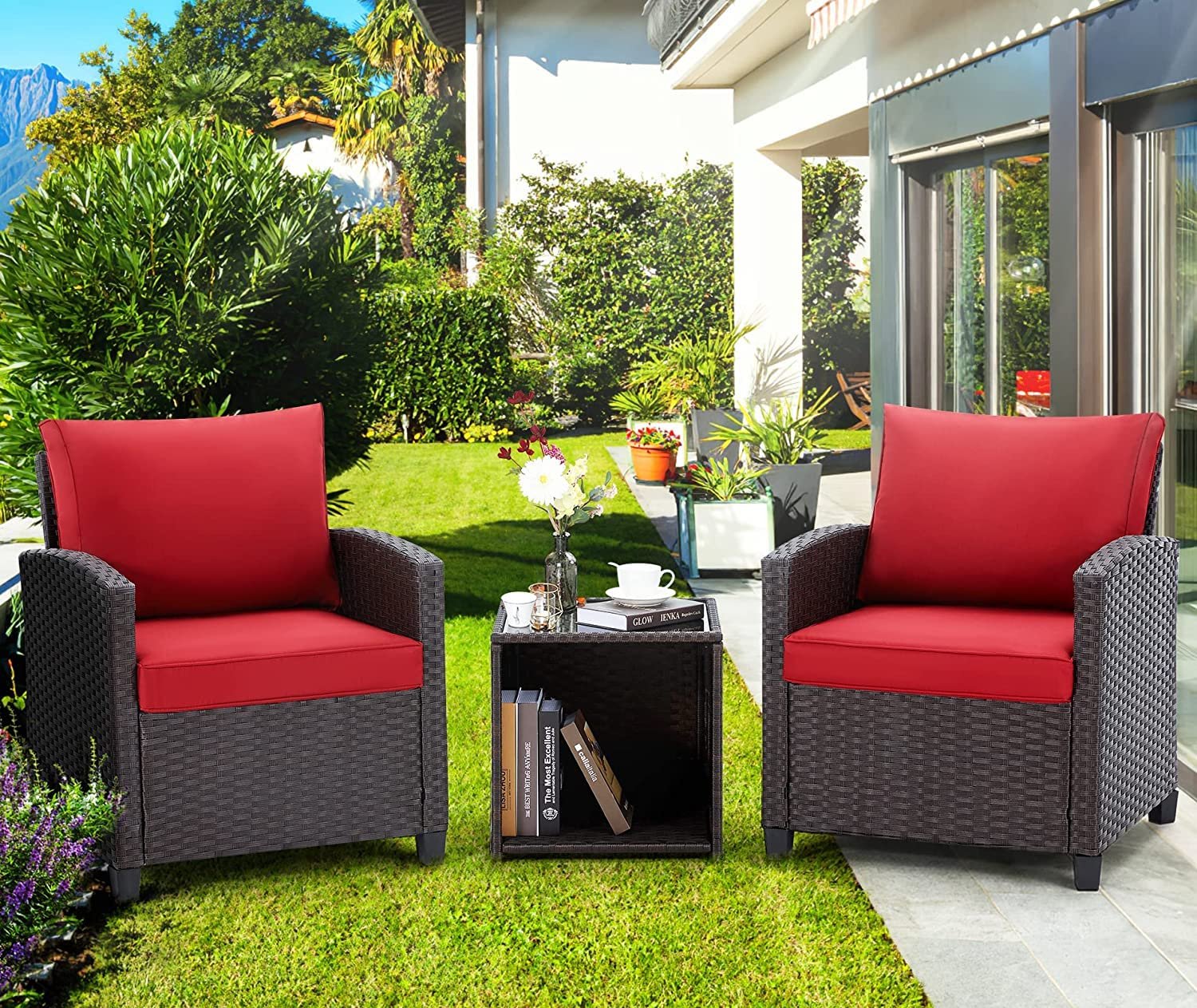 DEVOKO 3PCS Rattan Conversation Set (Dark Brown & Red)