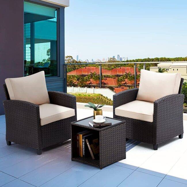 DEVOKO 3PCS Rattan Conversation Set (Dark Brown & Cream)
