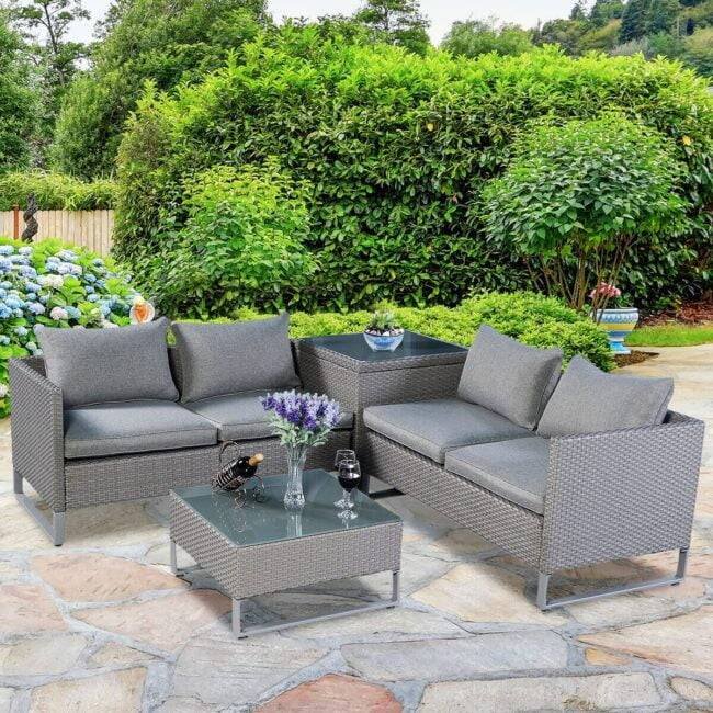 DEVOKO Rattan 4-Seater Sofa Set (Grey)