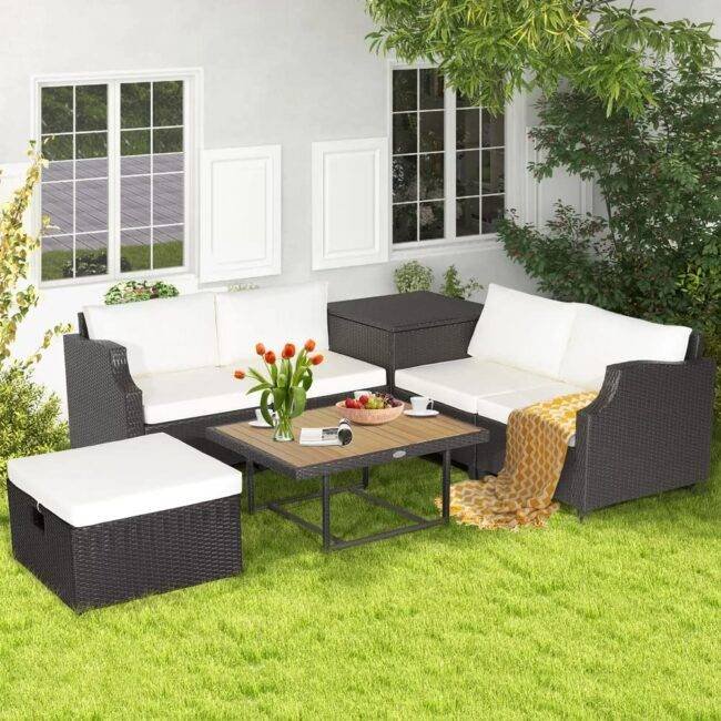 DEVOKO 5 Piece Wicker Patio Furniture Set (Dark Brown/Off-White)