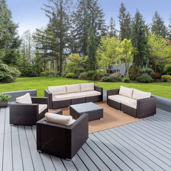 DEVOKO Outdoor 5pc Wicker Sofa Set (Dark Brown/Cream)