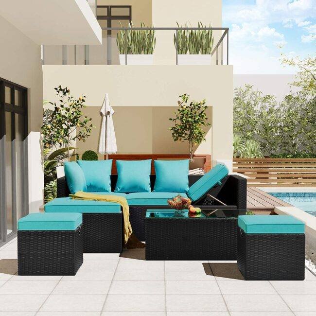 DEVOKO Rattan Sectional Sofa Set (Black/Sky-Blue)