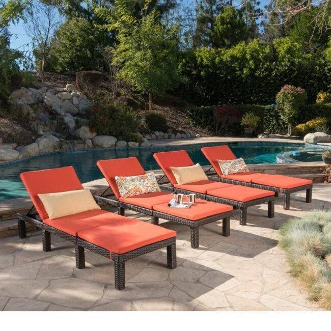 DEVOKO Set of 4 Outdoor Wicker Chaise Lounge Chairs with Adjustable Recline and Removable Cushions