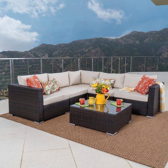 DEVOKO 3pc Outdoor L Shape Patio Set (Dark Brown/Cream)
