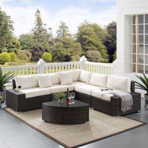 DEVOKO Oval Shape Patio Set (Dark Brown/Off-white)