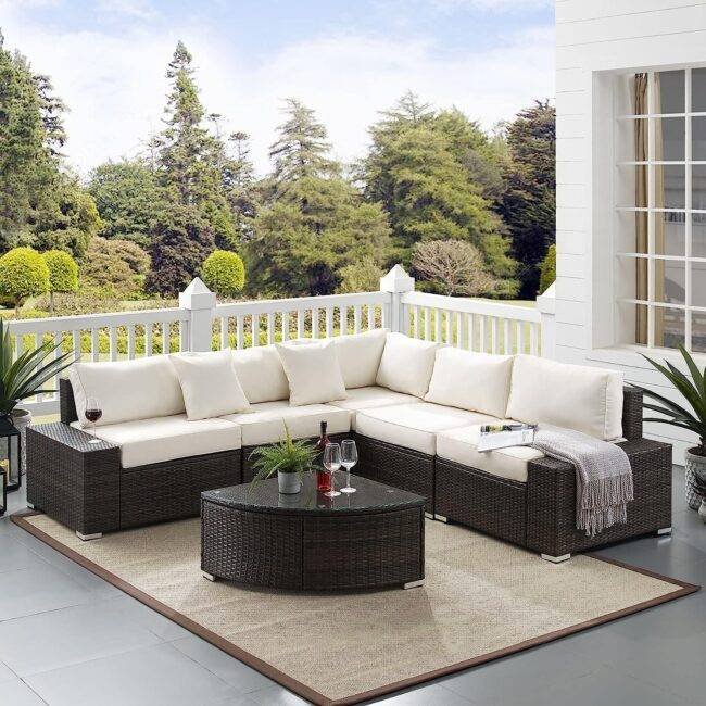 DEVOKO Oval Shape Patio Set (Dark Brown/Off-white)
