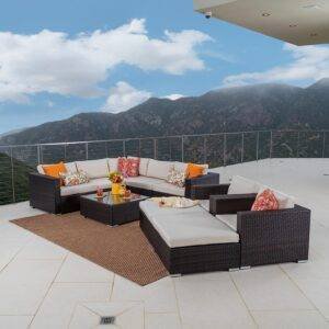 DEVOKO 7-Piece Rattan Sectional Sofa Set (Dark Brown/Cream)