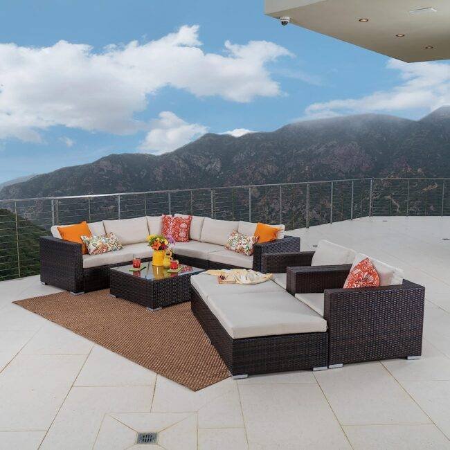 DEVOKO 7-Piece Rattan Sectional Sofa Set (Dark Brown/Cream)
