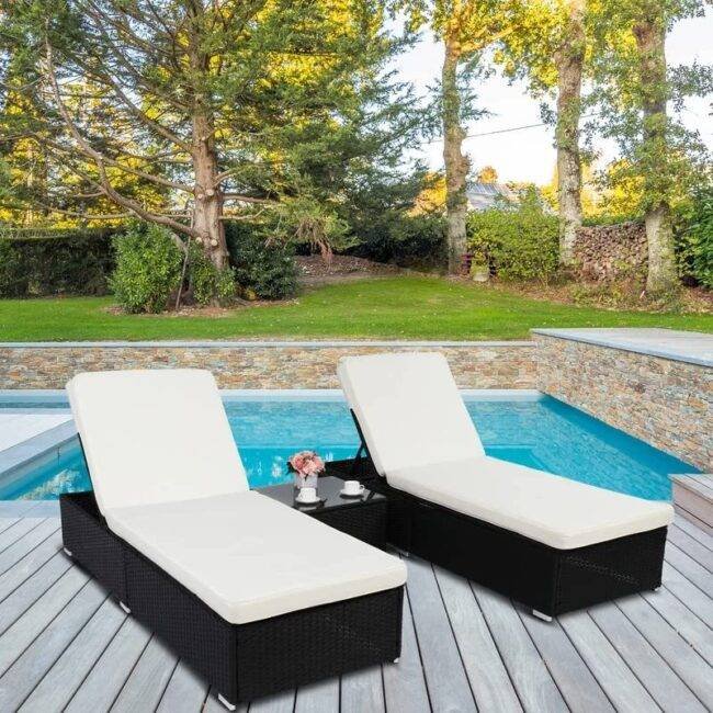Outdoor Lounge Chairs Set (Black Lounger & White Cushion)