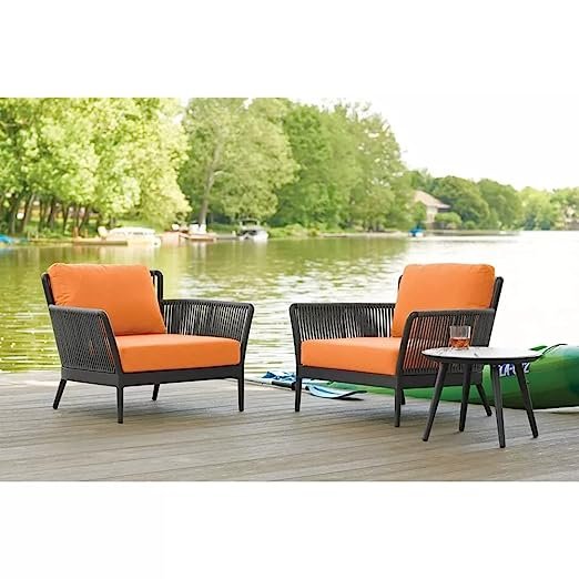 3 Piece Patio Set (Grey Rope & Orange Cushions)