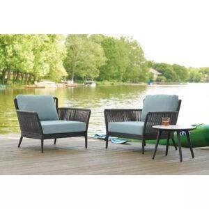 3 Piece Patio Set (Grey Rope & Sky-blue Cushions)