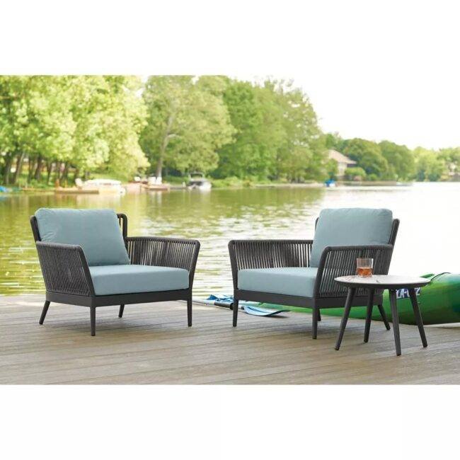 3 Piece Patio Set (Grey Rope & Sky-blue Cushions)