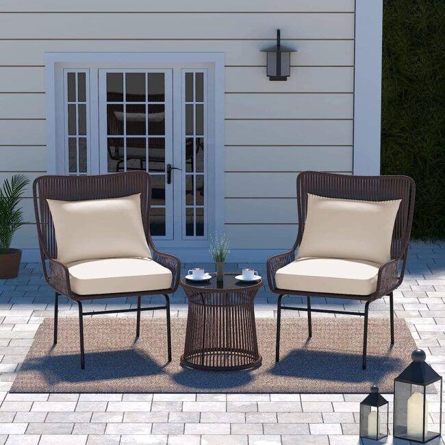 3 Piece Patio Set (Dark Brown Rope & Cream Cushions)