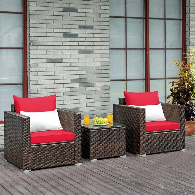 Devoko 3-Piece Rattan Bistro Set: Dark Brown/Red Outdoor Patio Furniture