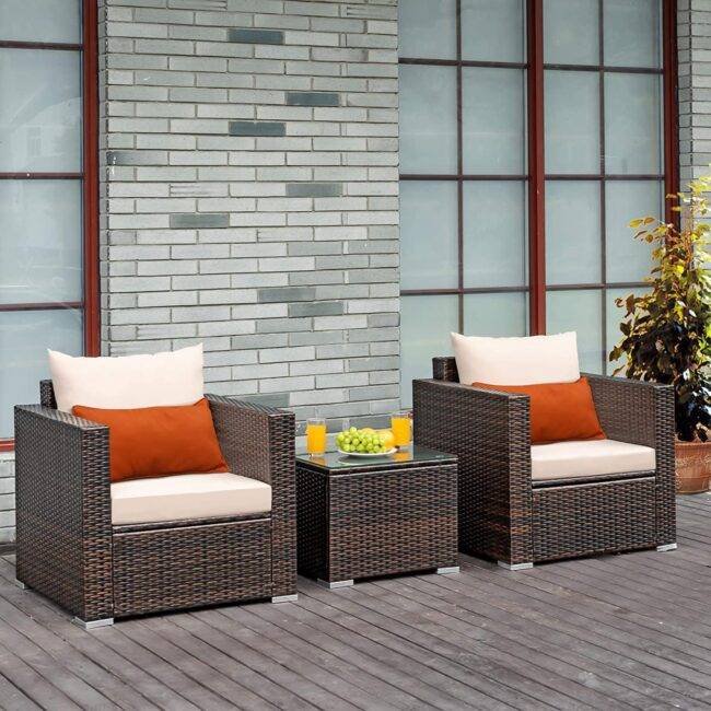 Devoko 3-Piece Outdoor Rattan Conversation Set (Dark Brown/Cream)