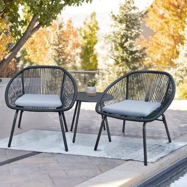 Devoko All-Weather 3-Piece Patio Set - Black Rope, Grey Cushions