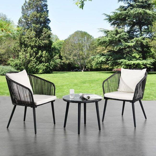 Devoko 3 Piece Patio Wicker Set – Black/Off-white – Terrace/Garden