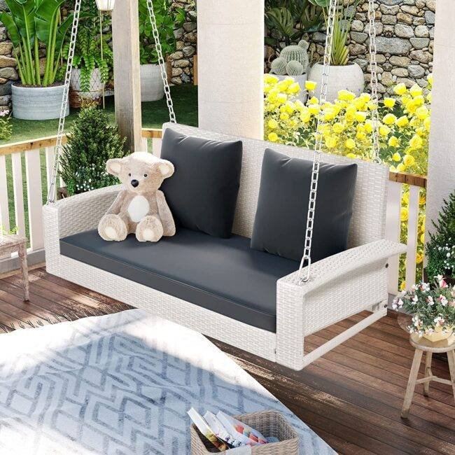 Rattan Wicker Two Seater Swing (White & Black)