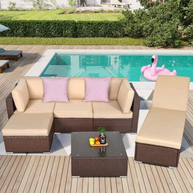Outdoor Sofa Lounge Set with Cushions (Dark Brown/Cream)
