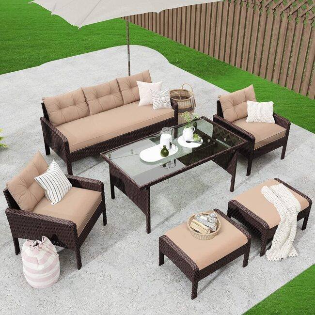 7-Seater Outdoor Sofa Set (Dark Brown/Cream)