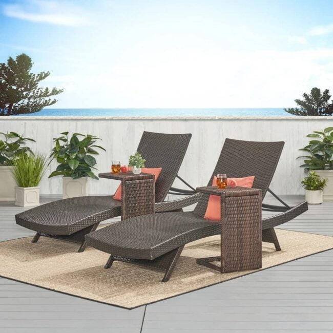 DEVOKO 2 Sets Waterproof Rattan Lounge Sunbeds with Table - Dark Brown