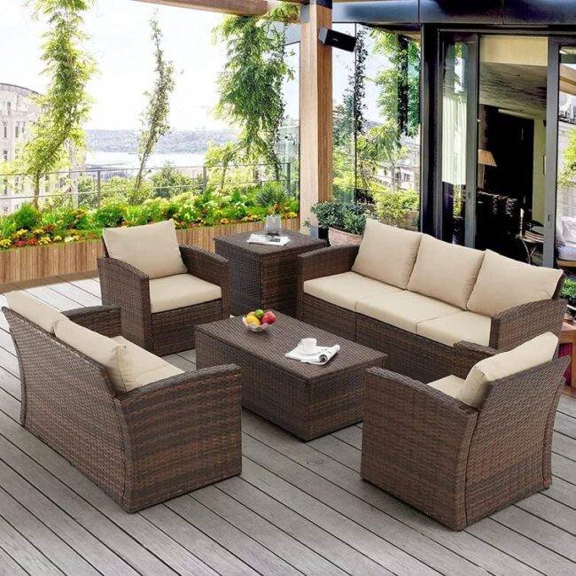 DEVOKO 7-Seater Wicker Sectional Sofa (Dark Brown/Cream)
