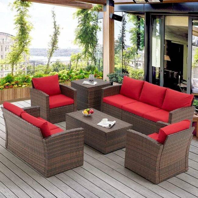 DEVOKO 7-Seater Wicker Sectional Sofa (Dark Brown/Red)