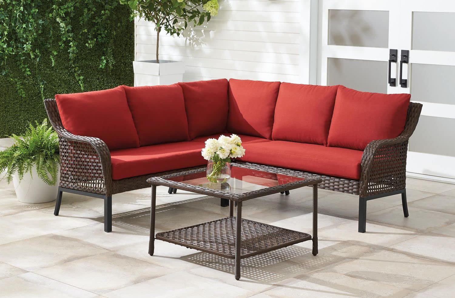 DEVOVO Patio Sets L Shape Sectional Sofa (Dark Brown/Red)