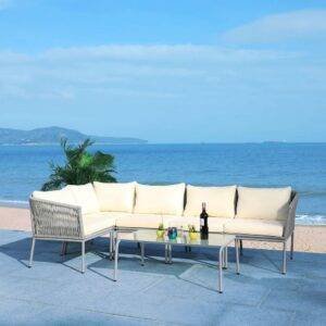 DEVOKO Rope L Shape Sofa Set 3-Pcs (Grey/Cream)