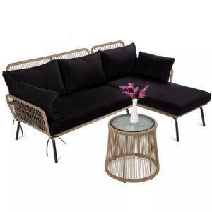 DEVOKO L-Shaped Conversation Sofa Set (Beige/Black)