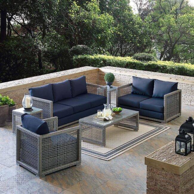 Outdoor 6 Pieces Sectional Patio Furniture (Grey and Navy Blue)