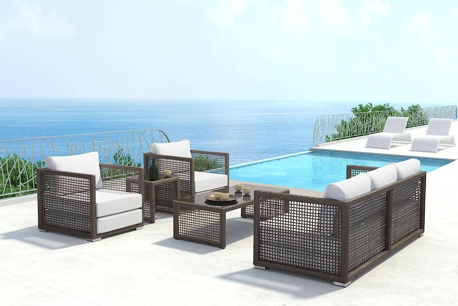 5-Piece Rattan Conversation Set (Dark Brown and White)