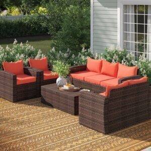 5-Piece Rattan Sofa Set (Dark Brown and Red)