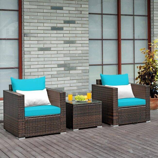 3-Piece Outdoor Bistro Set with Wicker Chairs and Table (Dark Brown/Sky Blue)
