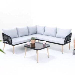 DEVOKO L-Shaped Outdoor Conversation Sofa Set with Rope Woven Design, Cushions, and Side Table (Black/White)