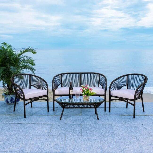 DEVOKO 4-Seater Outdoor Rope Sofa Set with Center Table (Black & White)