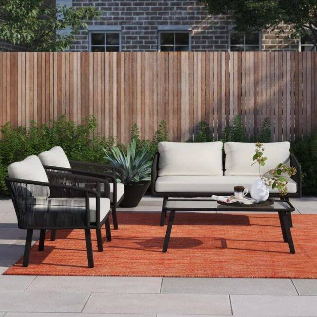 DEVOKO 4-Seater Outdoor Rope Sofa Set with Center Table (Black & Off White)
