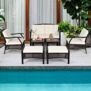 Devoko 7-Piece Rattan Wicker Outdoor Sofa Set with Coffee Tables and Ottoman Stool (Dark Brown/Cream)