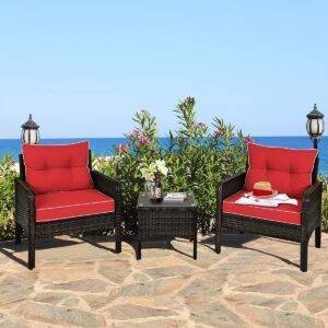 3-Piece Rattan Wicker Patio Furniture Set - Dark Brown/Red