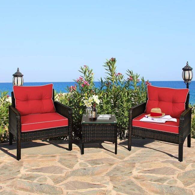 3-Piece Rattan Wicker Patio Furniture Set - Dark Brown/Red