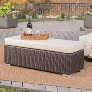 DEVOKO 2 Seater Rattan Garden Bench with Cushion (Dark Brown/Cream)
