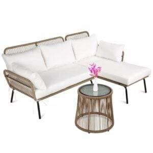 DEVOKO L-Shaped Outdoor Conversation Sofa Set with Cushions & Side Table (Beige/White)