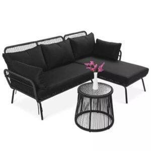 Devoko L-Shaped Patio Conversation Sofa Set with Thick Cushions & Side Table (Black)
