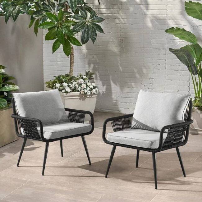Devoko 2-Piece Outdoor Rope Chair Set with Cushions (Black/Grey)